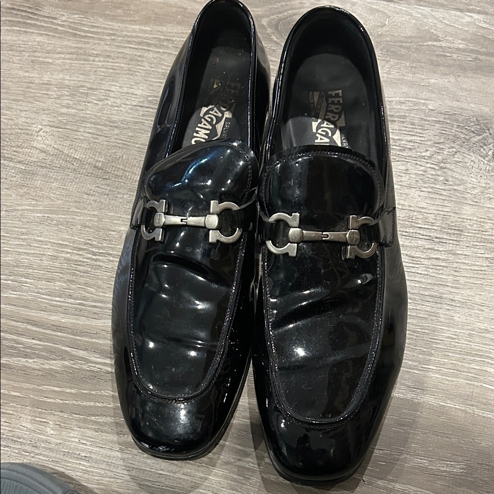 Salvatore Ferragamo Black Patent Leather Horsebit Loafers
